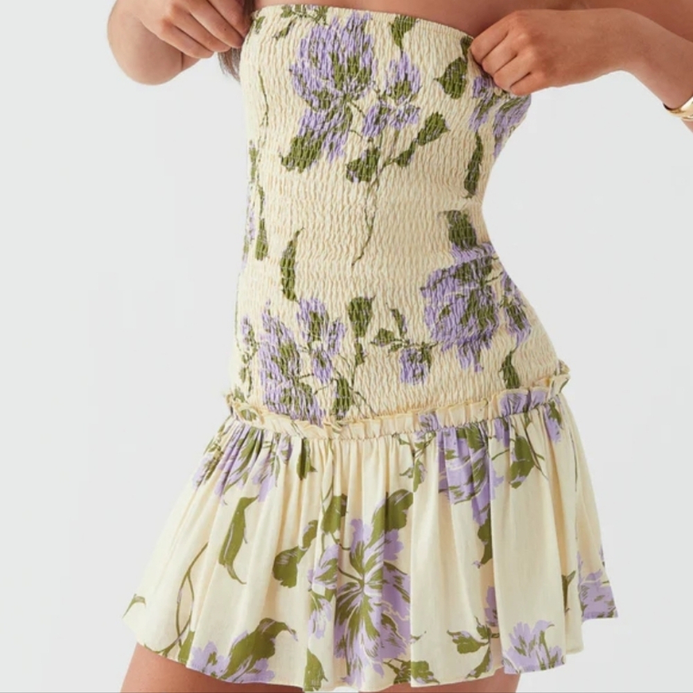 Peppermayo Break From Toronto Linen Mini Dress - Yellow Purple Floral - Picture 2 of 6